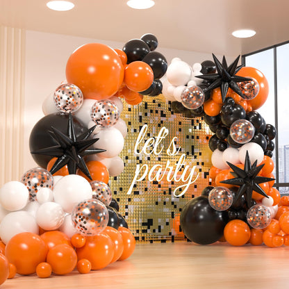 161pcs Black White Orange Balloons Arch Kit,Black Orange With 3pcs Starburst Foil Balloons for Birthday Graduation Halloween Thanksgiving Day Party Decorations
