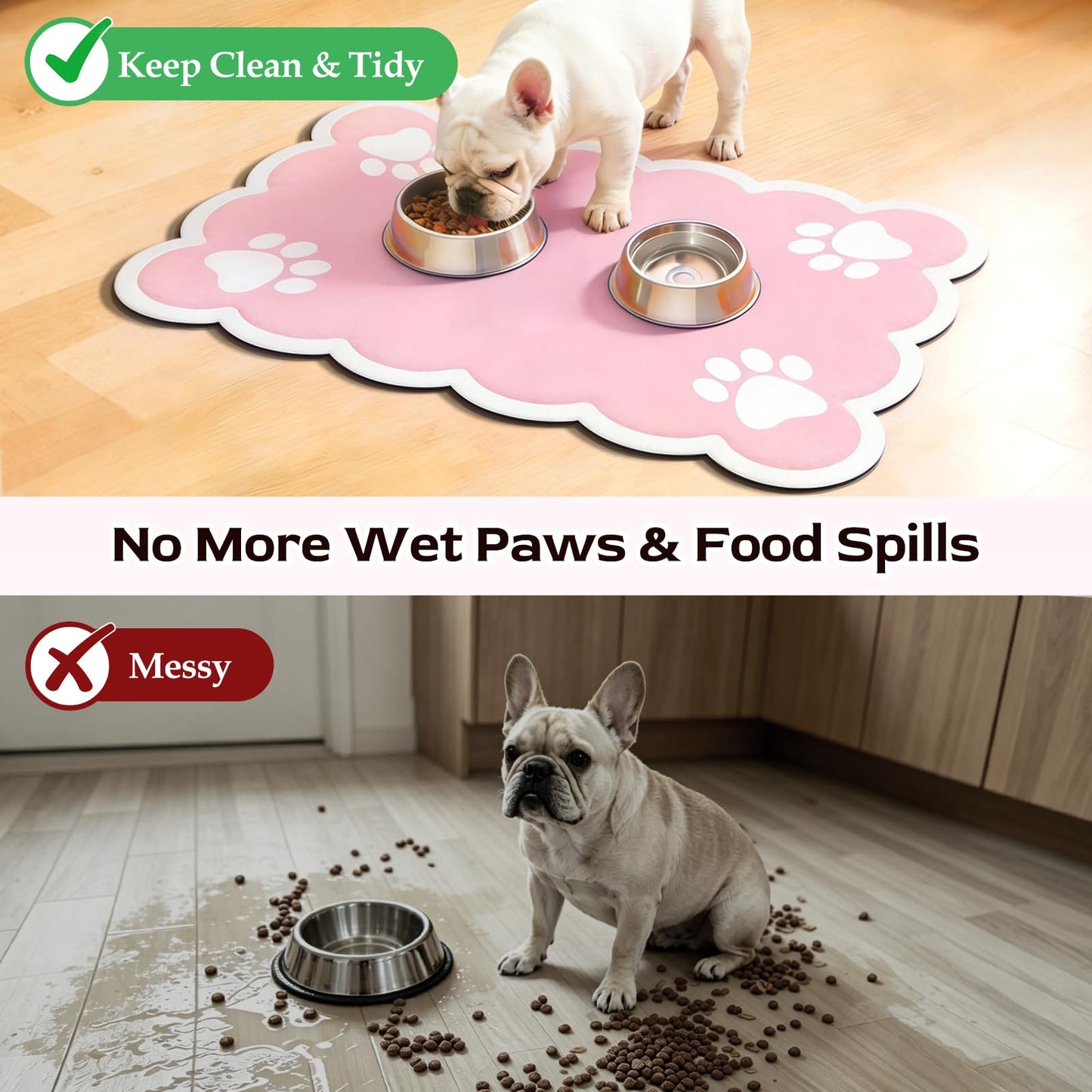 19×14in Cuttable Mat for Dog Bowls - Water Absorbent Mat for Dog Bowls with Rubber Non-Slip Backing, Quick Dry Dog Food Mat, No Stains & 3.5mm Thick Mat for Pet Food Bowls, Pink