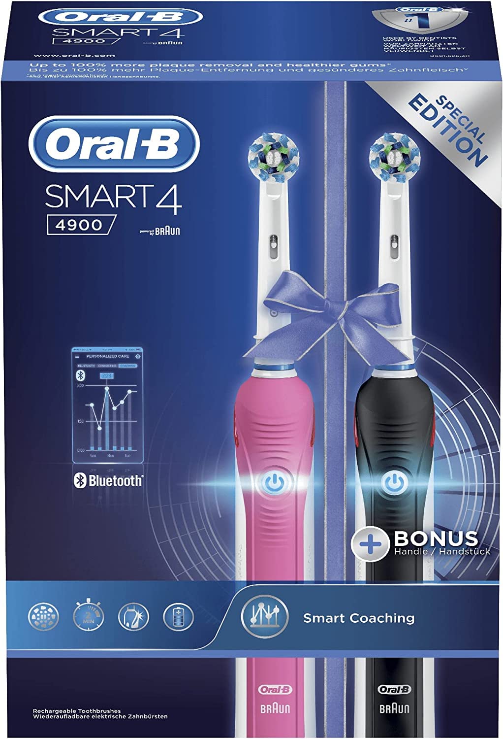 Oral-B Smart 4 2x Electric Toothbrushes For Adults, Mothers Day Gifts For Her / Him, App Connected Handles & 2 Toothbrush Heads, 3 Modes with Teeth Whitening, 2 Pin UK Plug, 4900, Pink/Black