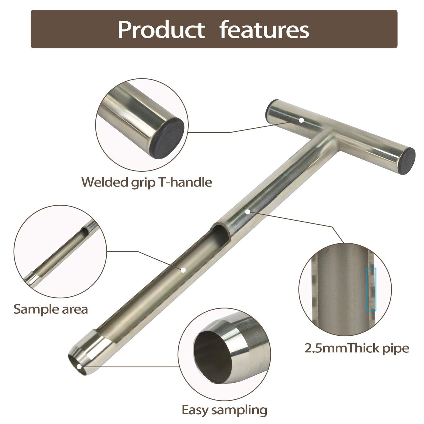 HiHydro 12 Inch Stainless Steel Soil Probe with 2 Sample Bags, T-Handle Soil Test Kit for Plant Care, Garden, Lawn, Farm