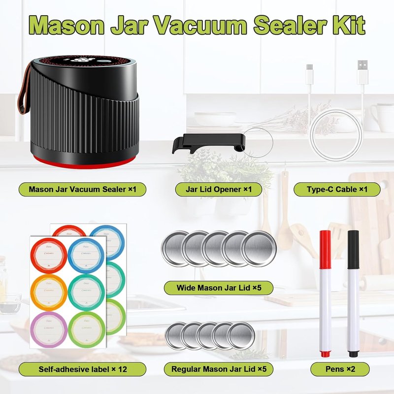 Mason Jar Vacuum Sealer Kit - 2-in-1 Electric Food Saver with Wide & Regular Mouth Lids | Ideal for Canning