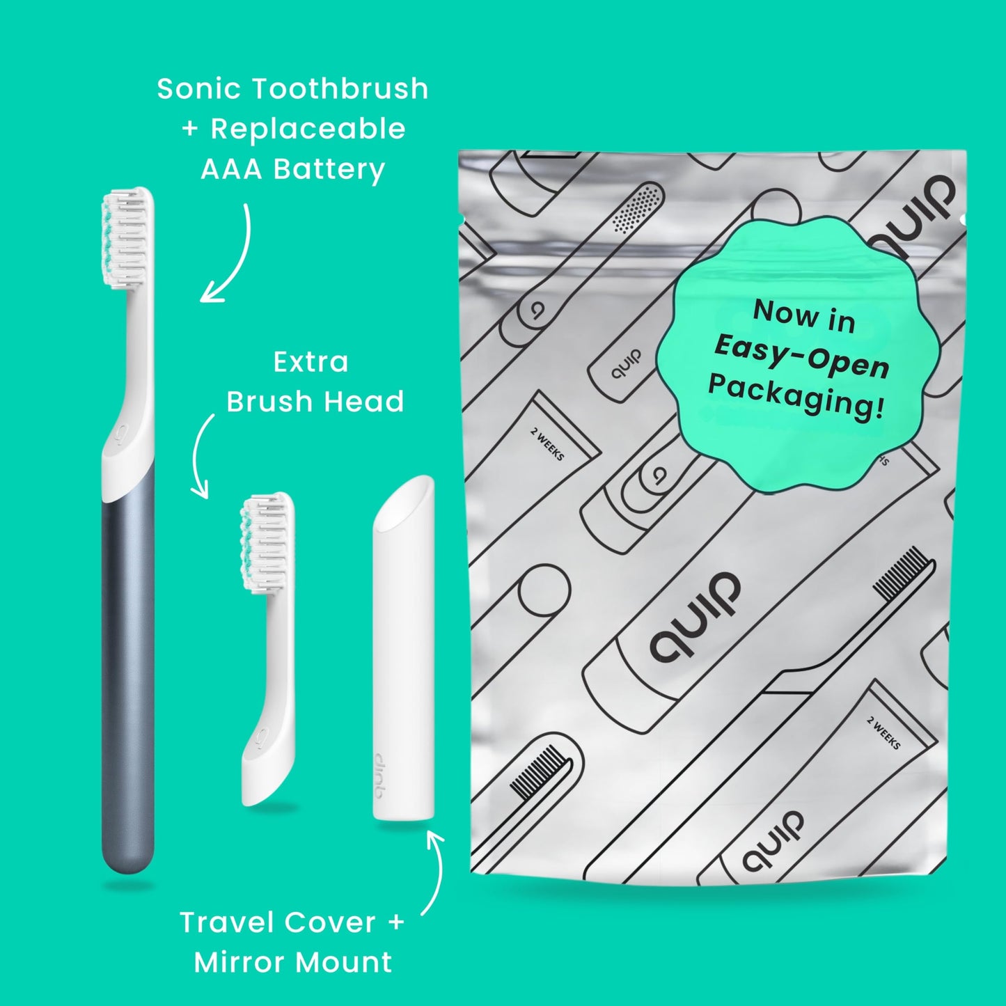 Quip Metal Sonic Electric Toothbrush for Adults - Time Travel & Soft Bristles with Travel Case & Replacement Brush Head - 3 Month Battery Life - Indigo