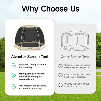 Alvantor Screen House Room Camping Tent Outdoor Canopy Pop Up Sun Shade Hexagon Shelter Mesh Walls Not Waterproof 10'x10' Beige Patent Pending