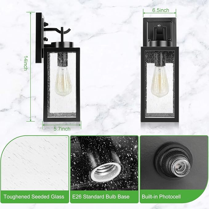 2-Pack 14'' Dusk to Dawn Outdoor Wall Light Fixtures, Exterior Lighting Fixtures Wall Mount, Waterproof Porch Lights Outdoor Wall Sconces Lanterns, Black Outside Lights for House Front Door Garage