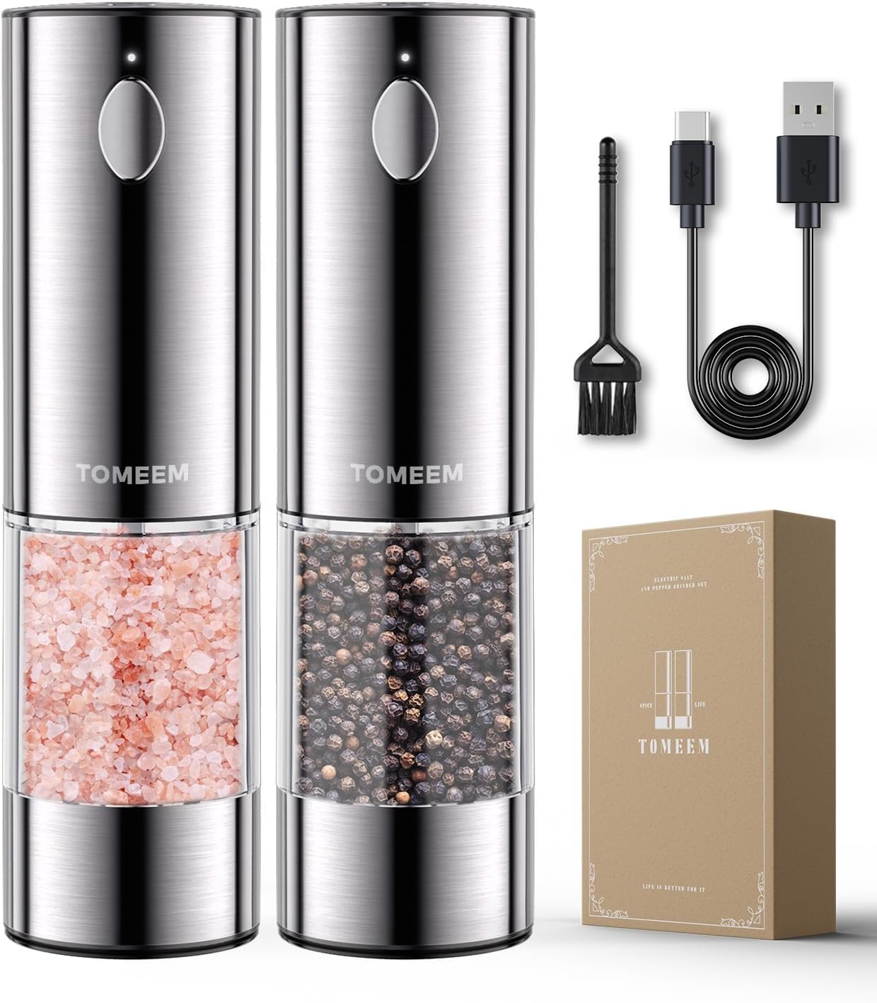 TOMEEM Electric Salt and Pepper Grinder Set, USB Rechargeable Salt and Pepper Grinder Set| Made of Stainless Steel | Adjustable Ceramic Grinder | LED Light
