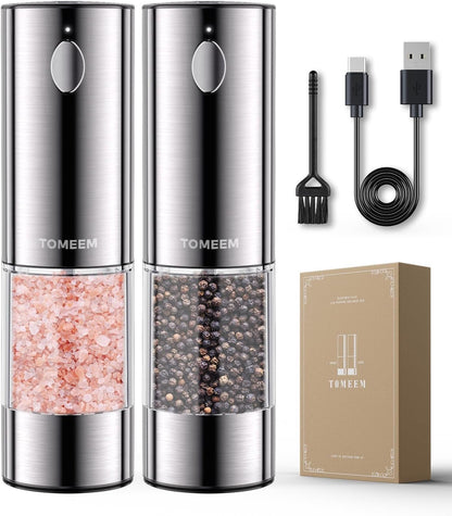 TOMEEM Electric Salt and Pepper Grinder Set, USB Rechargeable Salt and Pepper Grinder Set| Made of Stainless Steel | Adjustable Ceramic Grinder | LED Light