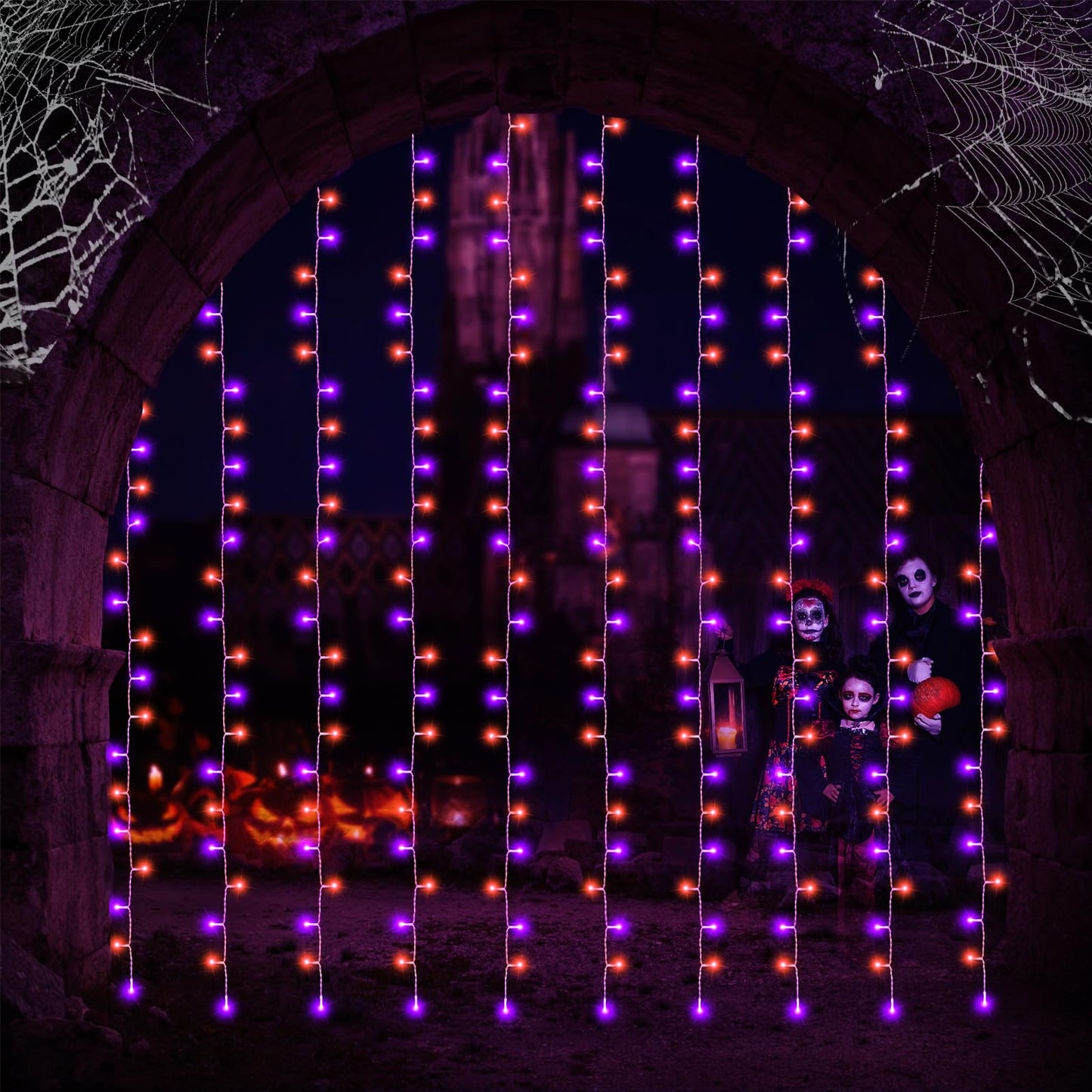 echosari Halloween Curtain Lights Battery Operated, 300 LED Purple Orange Fairy Curtain Lights 9.8Ft x 9.8Ft Hanging Lights with Remote Timer for Party Garden Yard Decor