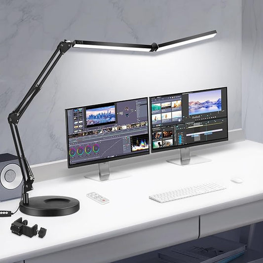 Toolour LED Desk Lamps for Home Office 2 in 1 Double Head Desk Lamp with Clamp Base,Remote Control,Dimmable Architect Clip on Desktop Computer Light Bar with Memory for Workbench Darkroom
