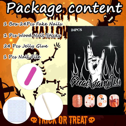 24Pcs Halloween Press on Nails Medium Square Cute Ghost Fake Nails with Flower Pumpkin Designs Glue on Nails Fall Glitter Halloween Nails Full Cover Artificial False Nails for Women Decoration 24Pcs