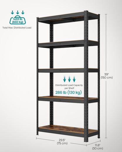 SONGMICS Shelving Unit, 30 x 75 x 150 cm, 650 kg Load Capacity (130 kg per Shelf), Industrial, Adjustable Storage Shelves, for Living Room, Kitchen, Garage, Rustic Brown and Black GLR030B01