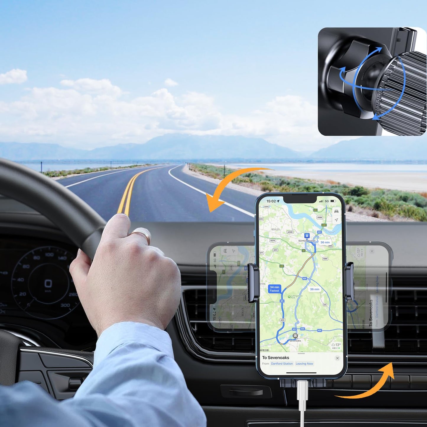 Car Cell Phone Holder with Metal Hook Clip, 360 Degree Rotating Air Vent Navigation Mount, Universal Base (Black and Silver)