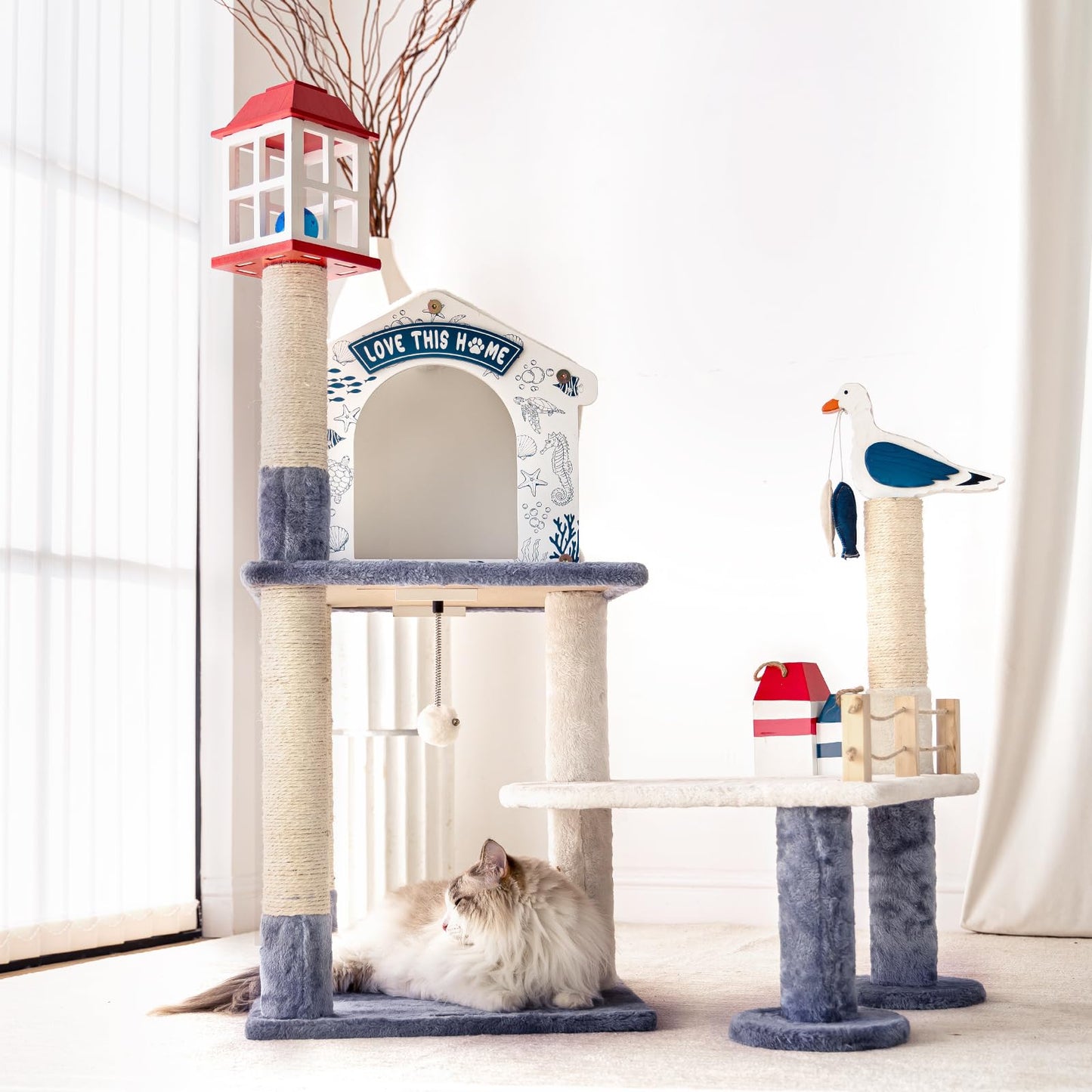 HYABi 43.5-Inch Novelty House Seagull Buoy Collapsible Cat Tree Tower Condo Bed Furniture Plush Ball Toy Fish Platforms Multi-Level with Scratching Posts Play for Indoor Cats