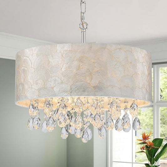 4-Lights Drum Capiz Shell Crystal Chandeliers, Coastal Style Pendant Light Fixture for Dining Room, Living Room, D18 x 21~68"(Adjustable), Shell Lampshade & Chrome Finish