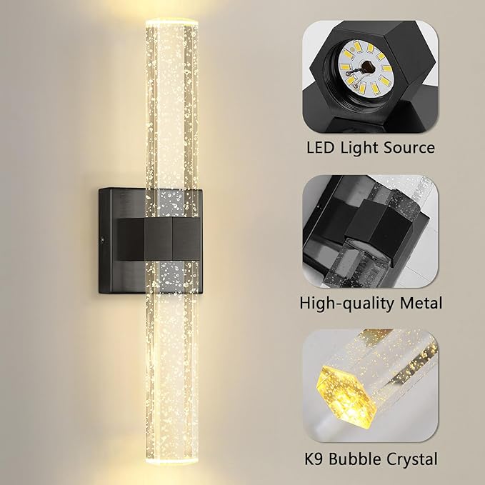 Set of 2 Black LED Wall Sconce Lights Warm Light Modern Crystal Wall Lights Vanity Lighting Fixtures Sconces for Bathroom Living Room Bedroom Dining Room Hallway