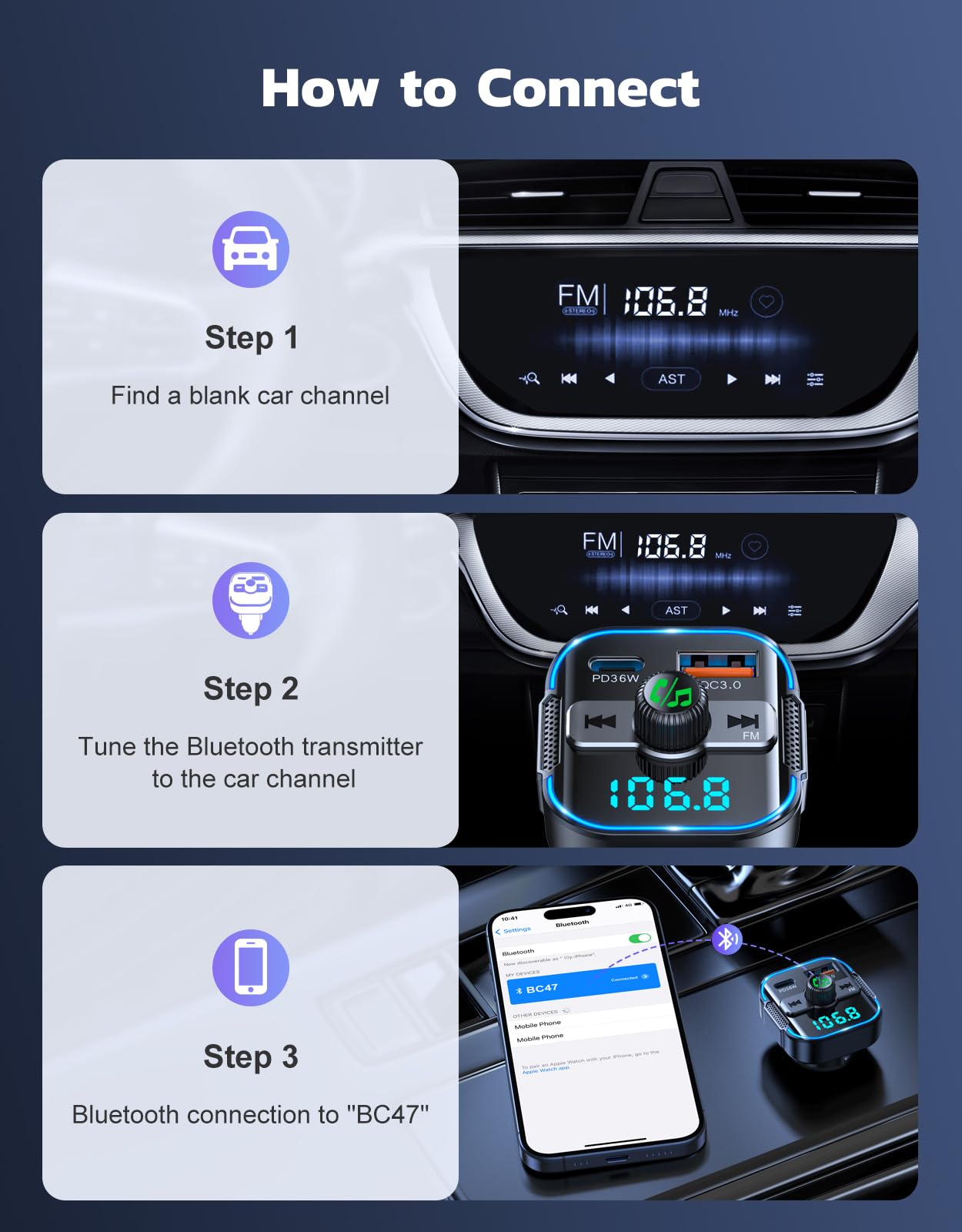Glangeh 2025 Newest Bluetooth 5.3 Car Adapter【PD 36W+QC3.0 18W】, 2-in-1 Bluetooth FM Transmitter 【Dual Stronger Mics】& Fast Car Charger, Wireless Car Radio Input Adapter Hands-Free Kit, Siri Assistant