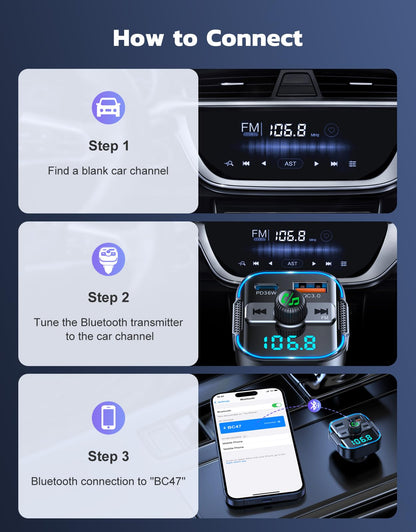 Glangeh 2025 Newest Bluetooth 5.3 Car Adapter【PD 36W+QC3.0 18W】, 2-in-1 Bluetooth FM Transmitter 【Dual Stronger Mics】& Fast Car Charger, Wireless Car Radio Input Adapter Hands-Free Kit, Siri Assistant
