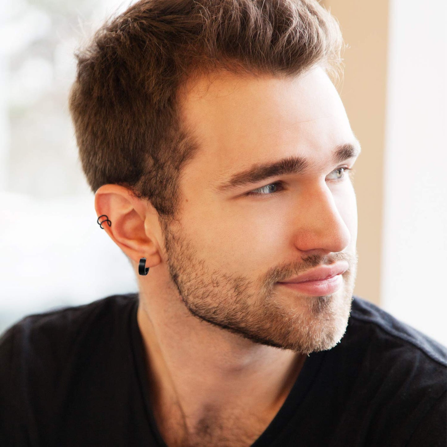 9 Pairs Magnetic Stud Earrings Stainless Steel Feather Dangle Hinged CZ Magnet Non-Piercing Cross Dangle Hoop Earring Set, Black, Stainless Steel