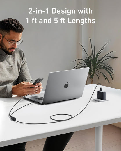 Anker Cable,6FT 2-in-1 USB C to USB C Cable 140W Max,Fast Charging for iPhone 16/16 Pro Max/15 Series,MacBook Air/Pro,and More(Braided,Black)