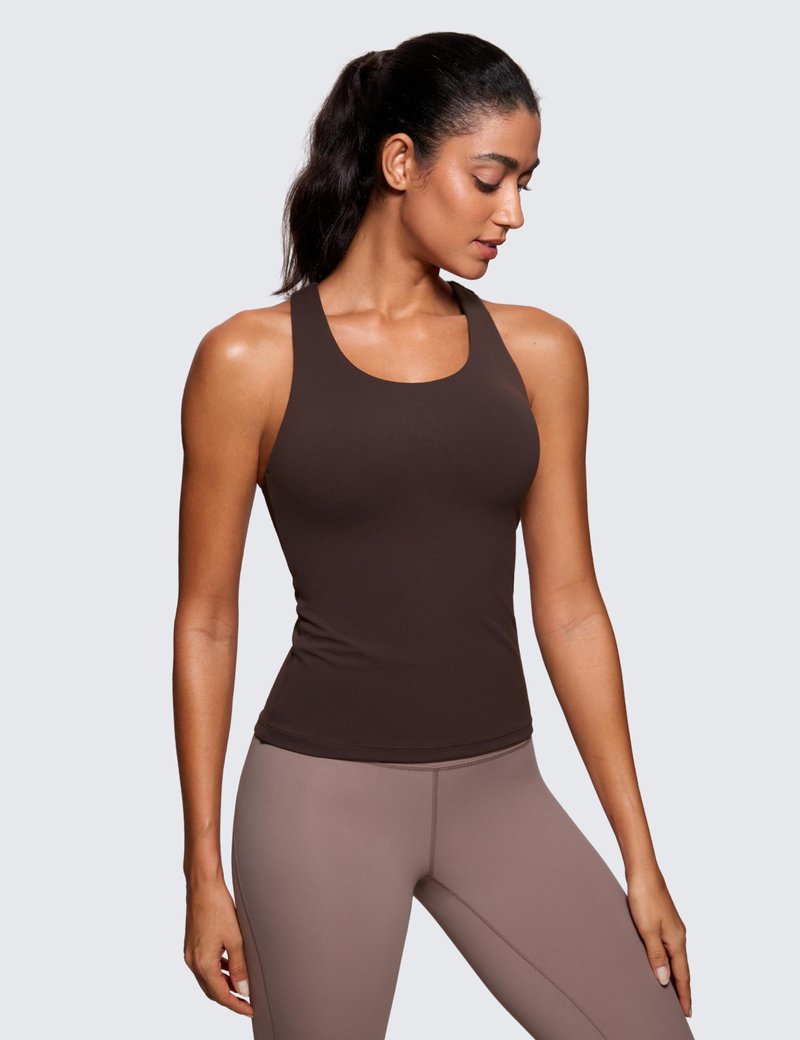 CRZ YOGA Butterluxe Workout Racerback Tank Tops for Women - Padded Athletic Spandex Yoga Shirts with Built in Bra Hot Fudge Brown X-Large