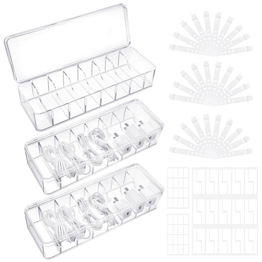 Cable Organizer Box with Lid, 3 Pcs Clear Cord Storage Organizer with 30 Cable Ties 62 Cable Labels, Charger Organizer for Office Desk Drawer Organizers and Accessories