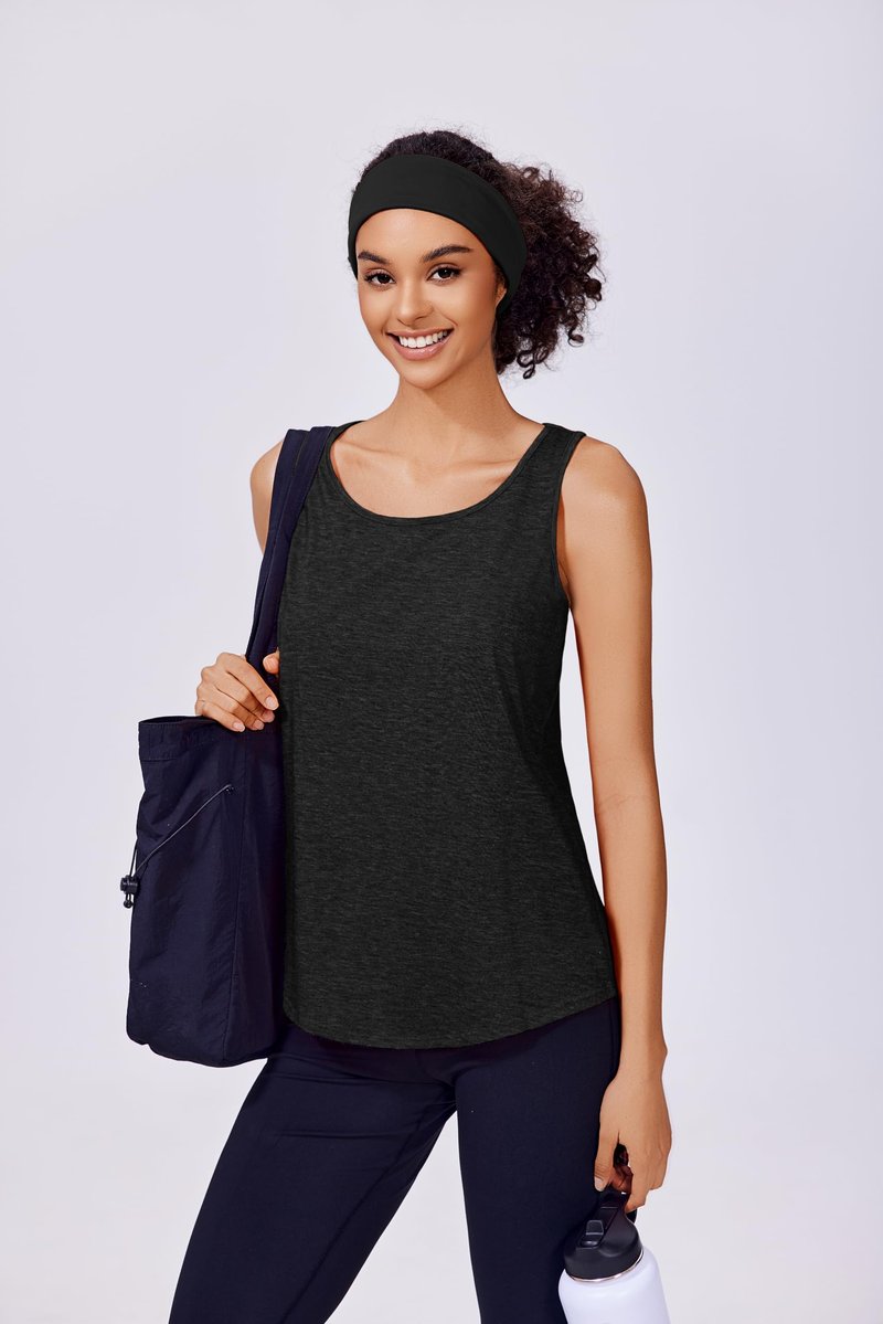 PINSPARK Gym Shirts Woman Workout Tops Racer Back Loose Fit Exercise Running Shirt Lightweight Yoga Top Pack, Black/White L