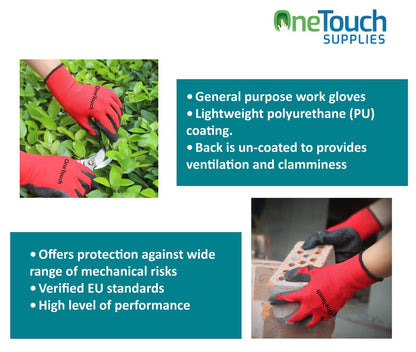 A406 24 Pair Red Work Gloves Nitrile Coated for Builders, Gardening, Construction, Warehouse Use (Large)
