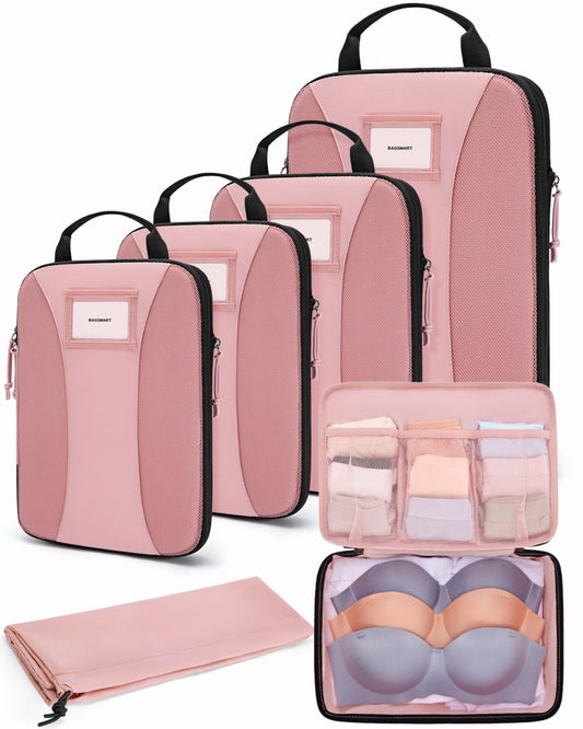 BAGSMART Compression Packing Cubes, 6 PCS Packing Cubes for Suitcases, Travel Bags Organizer for Luggage, Lightweight Packing Cube for Travel Essentials, Pink