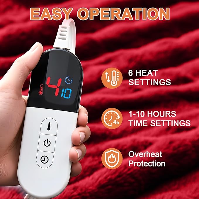 Heated Blanket Electric Throw Blanket 62''X 84''-Heating Blanket with 6 Heat Settings-10 Hours Auto Off,Cozy Faux Rabbit Fur Bubble Electric Blanket,Red