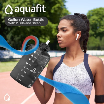 AQUAFIT 1 Gallon Water Bottle with Time Marker - Straw & Chug Lid - BPA Free Gym Water Bottle with Straw - Big Gallon Jug (Gray, 128 oz - 2 Lids)
