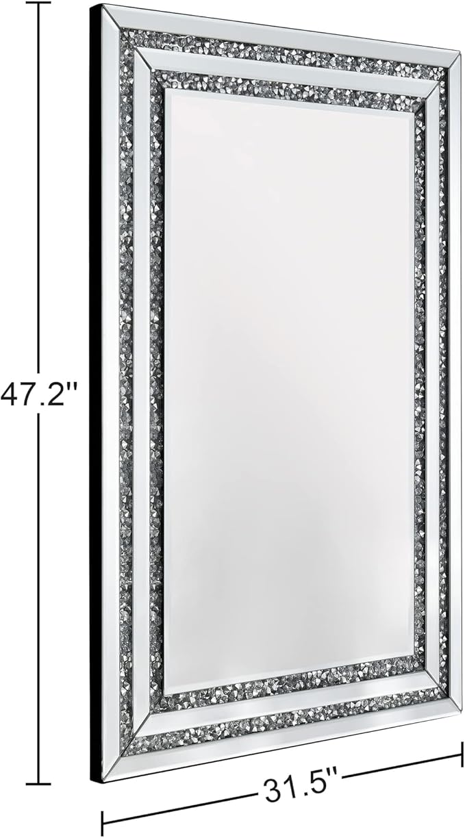 KOHROS Crystal Crush Diamond Rectangle Silver Mirror for Wall Decoration 48x32inch Frameless Wall Mirror Acrylic Diamond Decor Vertically or Horizontally Hanging