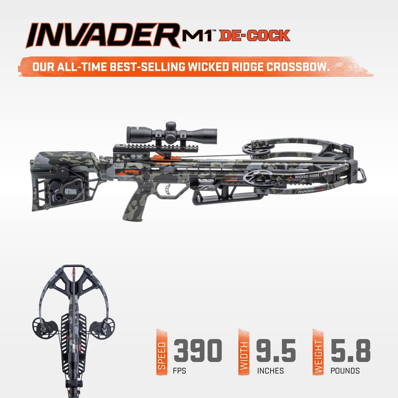 Wicked Ridge Invader M1 De-Cock Crossbow with Scope Bundle with Soft Case, Alpha-Nock Carbon Arrow, Alpha-Blaze Lighted Carbon Arrows, Neoprene Sling, Conditioner, and Premium Lubricant (7 Items)