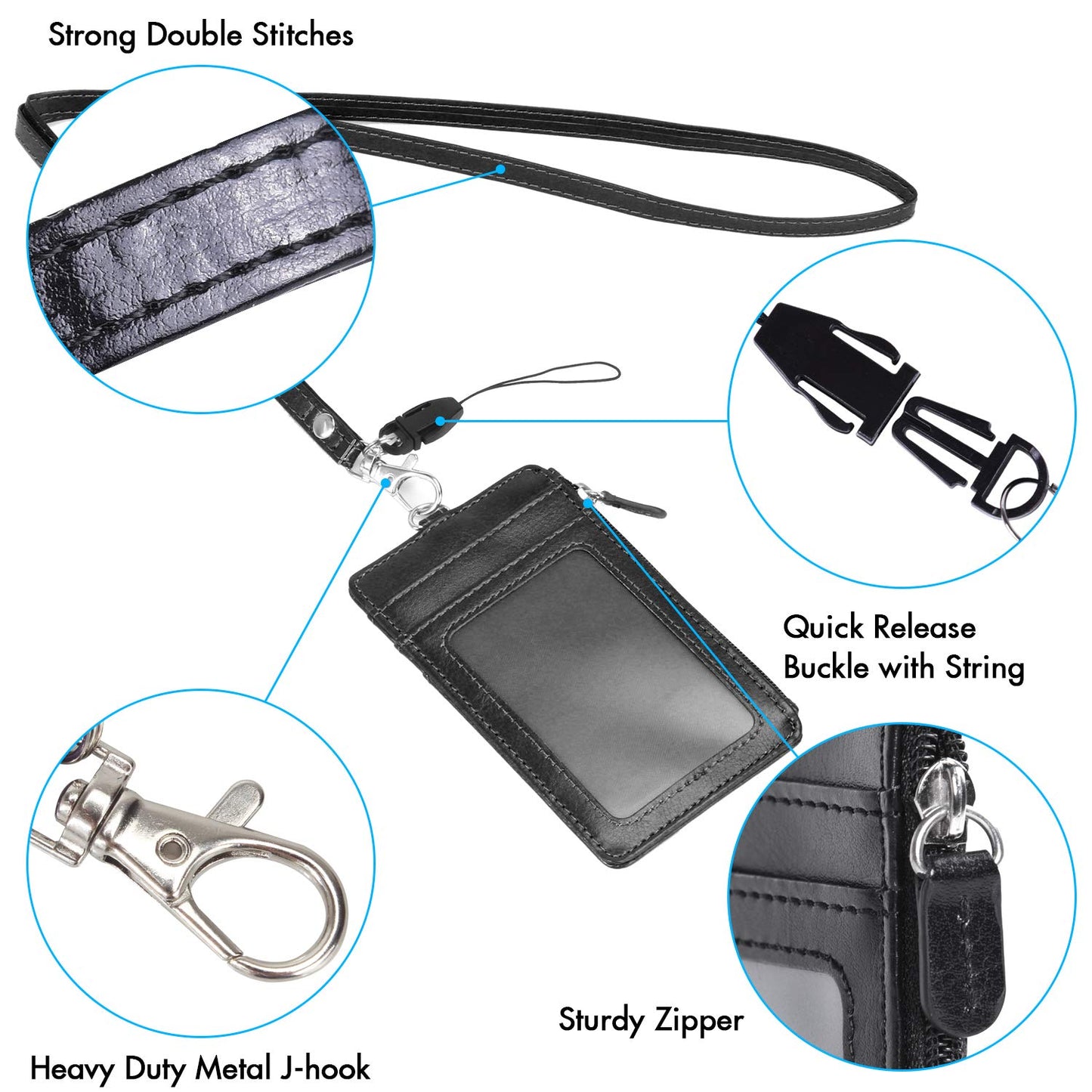 Badge Holder with Zipper, Wisdompro School Supply 2-Sided PU Leather College ID Badge Holder with 1 ID Window, 4 Card Holder Slots, 1 Side Pocket and 20 Inch Leather Neck Strap Lanyard -Vertical Black