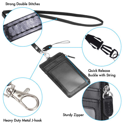 Badge Holder with Zipper, Wisdompro School Supply 2-Sided PU Leather College ID Badge Holder with 1 ID Window, 4 Card Holder Slots, 1 Side Pocket and 20 Inch Leather Neck Strap Lanyard -Vertical Black