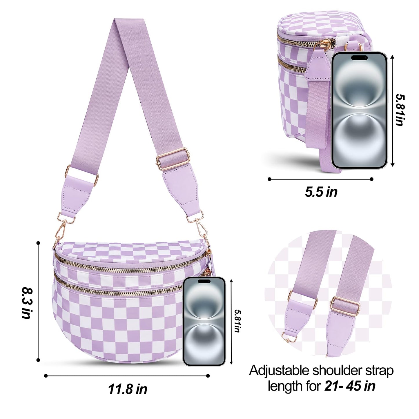 Checkered Crossbody Bag,Nylon Bum Bags for Women Crossbody,Spacious Sling Bag Purse Fanny Packs with Shoulder Strap