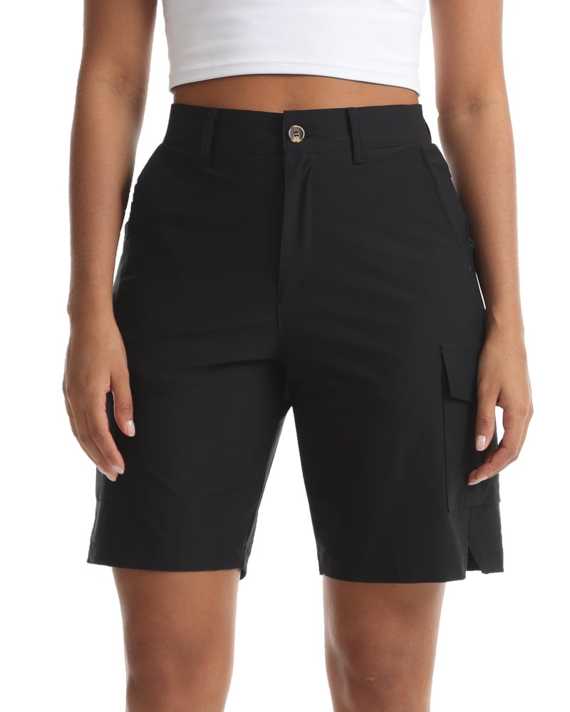 Yoglegins Women's Lightweight Hiking Cargo Shorts for Running Athletic Camping Travel Golf - Water Resistant with 5 Pockets (Black, X-Large)