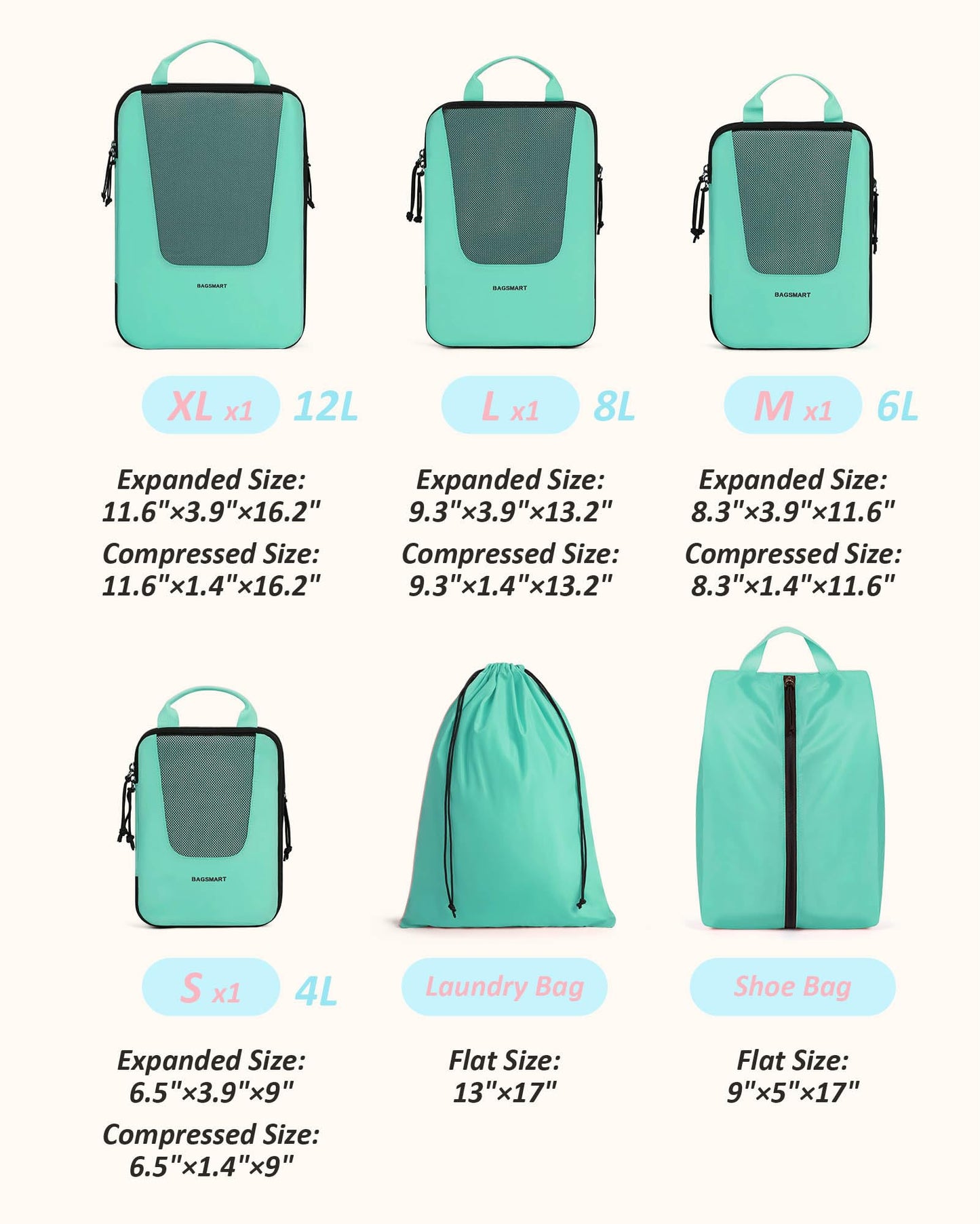 BAGSMART Compression Packing Cubes for Travel, 6 Set Packing Cubes for Suitcases, Lightweight Luggage Organizer Set Cubes for Business Travel Essentials