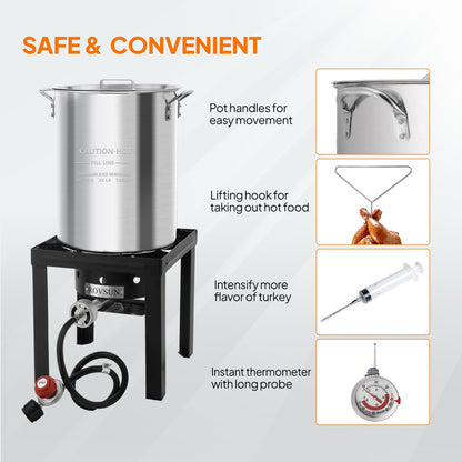 ROVSUN 30QT Turkey Fryer & 10QT Fish Fryer Kit w/ 55,000BTU Propane Stove, Aluminum Outdoor Deep Fryer & Seafood Boiler Steamer w/Baskets, Thermometer, Marinade Injector, Turkey Rack & Rack Lifter
