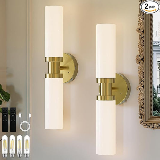 Rechargeable Battery Wall Sconce Set of Two, 8000mAh Cordless, Dimmable, Timer, Remote, Touch Control, 3000K, USB-C Charging for Living Room Gold with White Lampshade (Include 4 Special Bulbs)