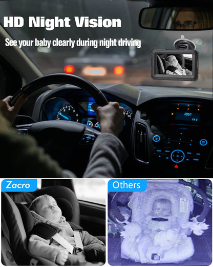 Zacro Baby Car Camera HD 1080P - Baby Car Mirror 4.3'' Display for Rear Seat with Night Vision Function, Wide View Angle, Reusable Sucker Bracket, Black