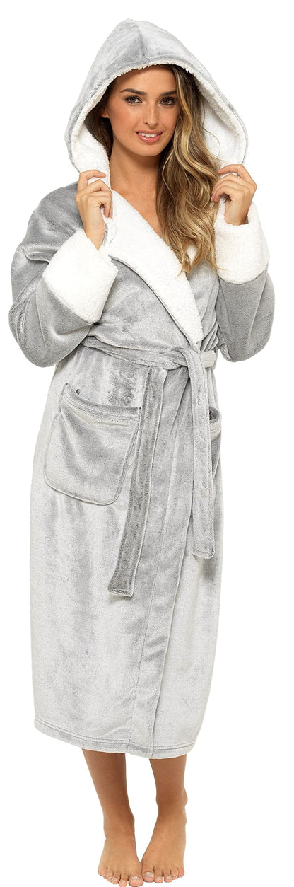 KATE MORGAN Ladies Dressing Gown Fluffy Super Soft Hooded Bathrobe for Women Plush Fleece Perfect Loungewear Long Robe | Gifts for Women 16-18 Grey Shimmer