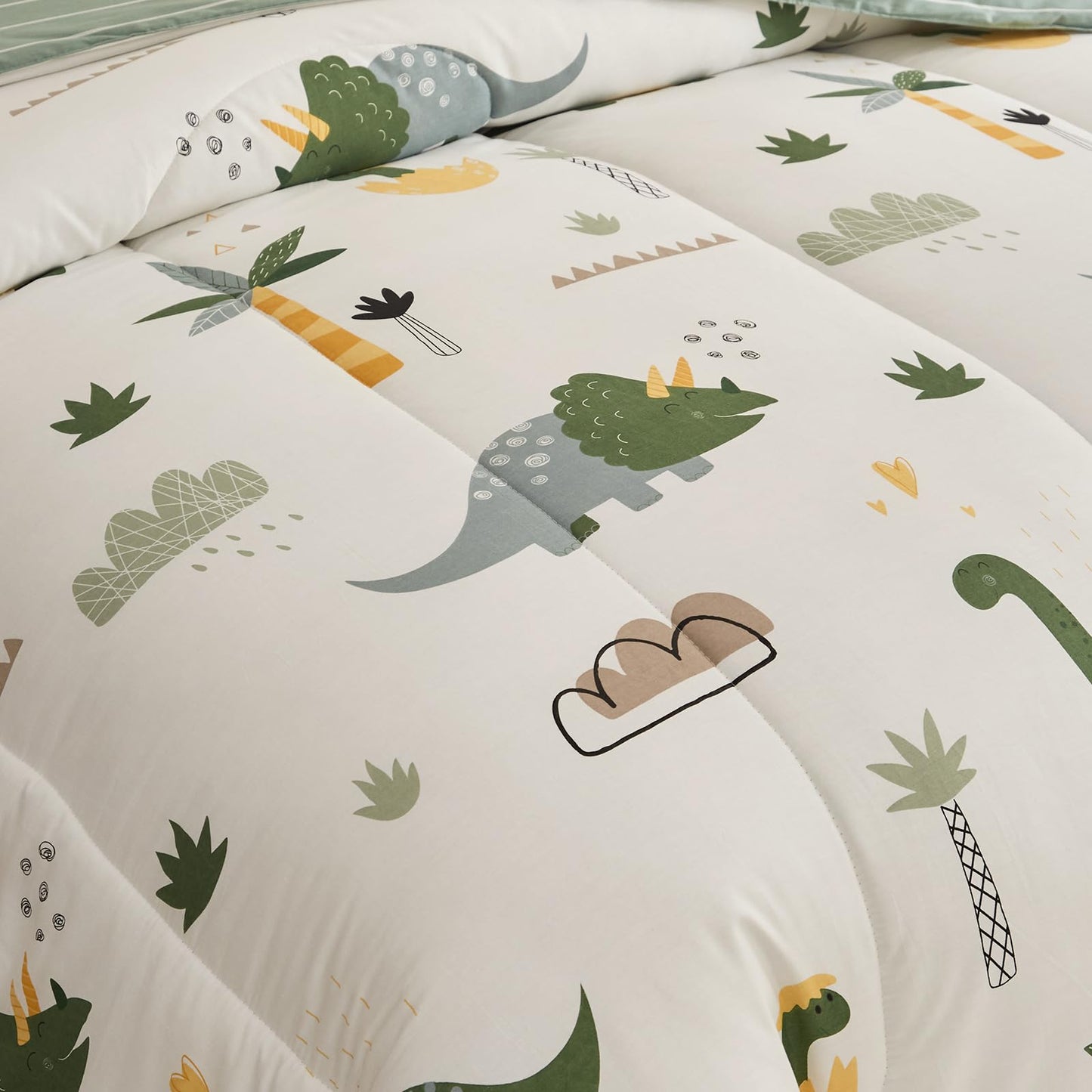 Joyreap 4 Piece Dinosaur Toddler Bedding Set, Cotton Toddler Comforter Sheet Set, Green Dinosaurs Print on White Design for Kids Boys n Girls
