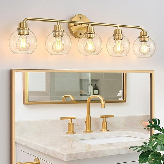 Bathroom Light Fixtures Gold Vanity Light 5 Light Wall Sconces Lighting Brushed Brass Lights with Clear Globe Glass Shades Bath Wall Lamp for Mirror Kitchen Living Room Bedroom Hallway