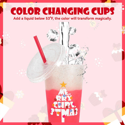 OZMOJOO Christmas Color Changing Cups with Lids and Straws, Reusable Tumblers for Cold Drinks, 5 Pack Holiday Gift Party Cups for Kids, Teens & Adults, 24 oz, Red