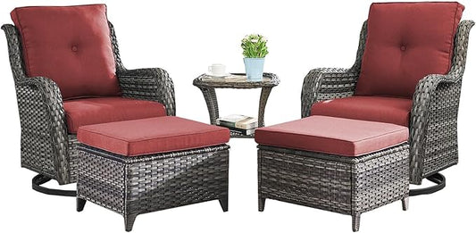 Rilyson Wicker Patio Furniture Set - 5 Piece Rattan Outdoor Sectional Conversation Sets with 2 Swivel Rocking Chairs,2 Ottomans and 1 Side Table for Porch Deck Garden(Mixed Grey/Red)
