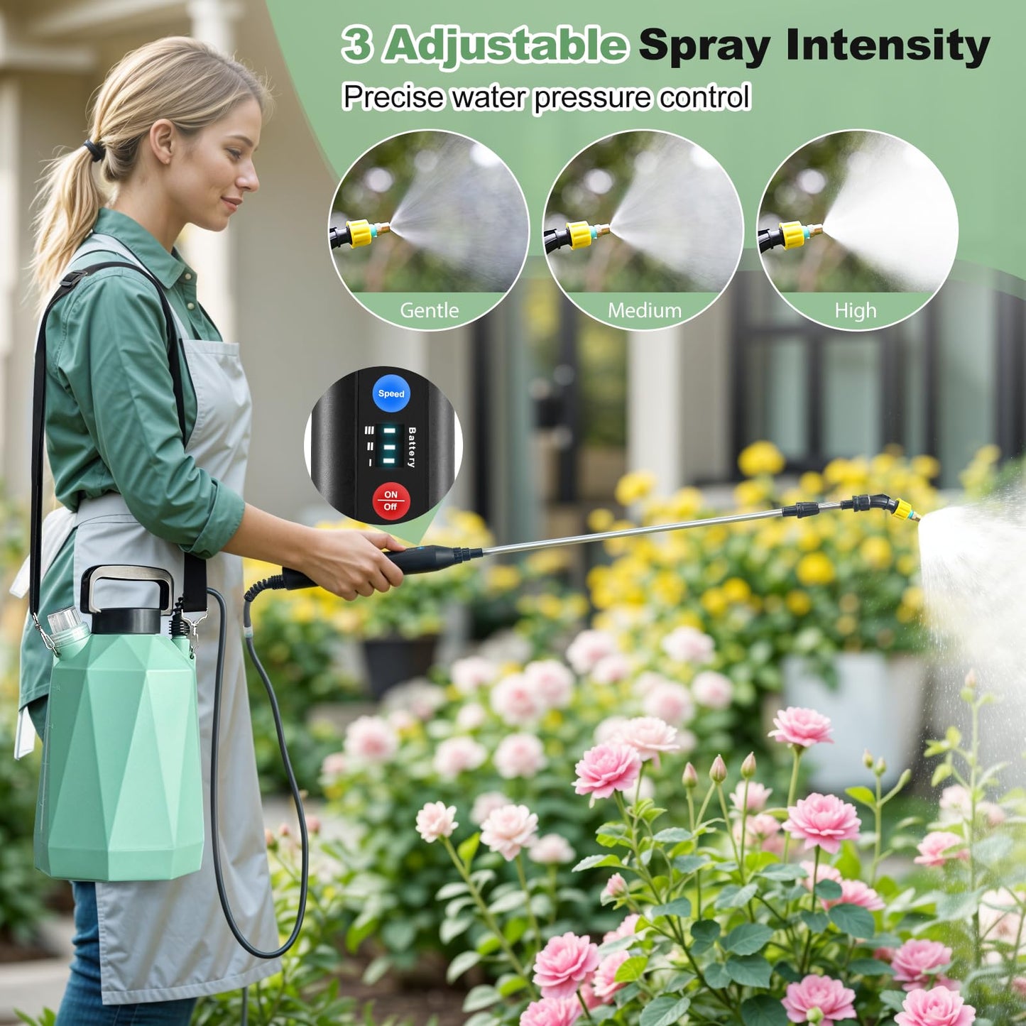 Battery Powered Sprayer 1.35Gallon/5L, 2025 Upgraded Electric Sprayer in Lawn and Garden with 3 Adjustable Force, Battery Indicator, Rechargeable Handle, Telescopic Wand,3 Mist Nozzles,Shoulder Strap