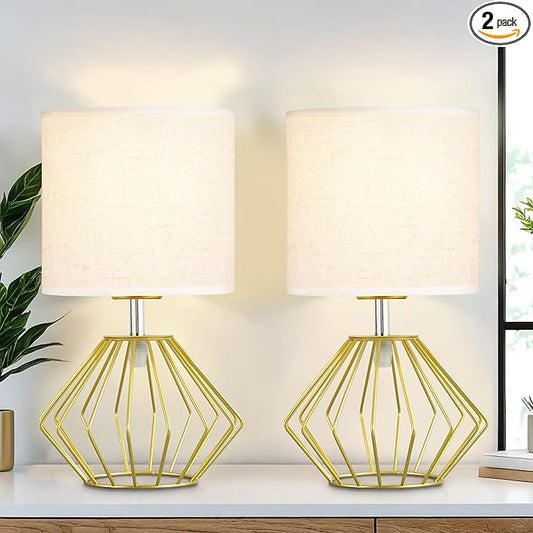 Hamilyeah Table Lamps Set of 2, Gold Bedside Lamps with On/Off Switch, Industrial Night Stand Lamps with Linen Beige Fabric Shade, Simple Modern Lamp for Bedroom, Living Room