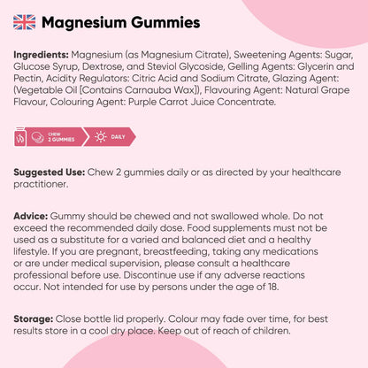 Magnesium Gummies | 90 Vegan Gummies | 125mg Magnesium Supplements | 45 Days Supply | Natural Grape Flavour | Gluten-Free
