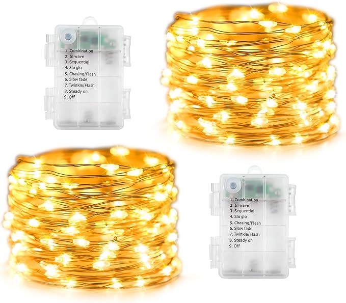 2 Pack Fairy Lights Battery Operated, 200 LED 66Ft Silver Wire Twinkle String Light 8 Modes Auto Timer Mini Christmas Fairy Lights for Bedroom Wedding Decor (Warm White)