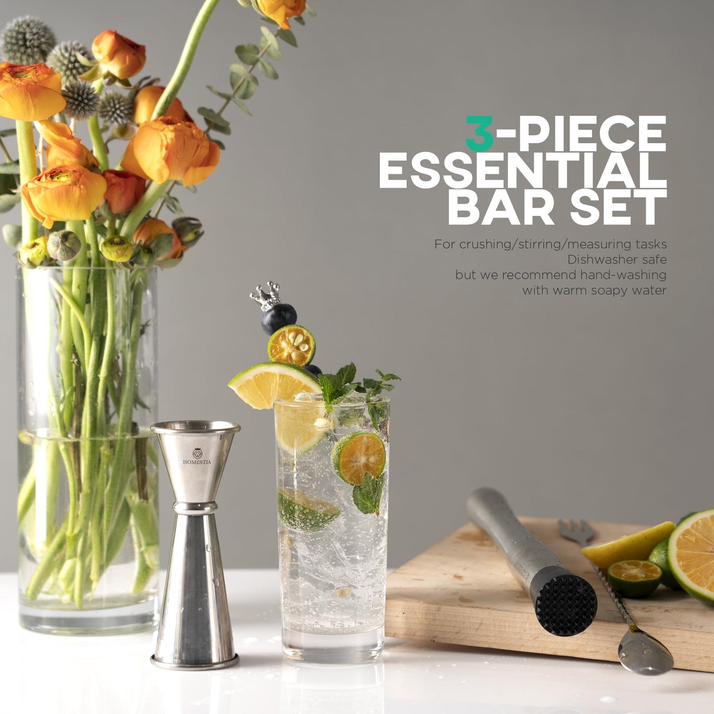 Homestia 3-Pcs Silver Muddler & Mixing Tool Set, 10'' Muddler, 12'' Cocktail Spoon & 1 OZ/2 OZ Double Jigger, Bar Tool Set for Beverages Drinks, Stainless Steel Bar Set Housewarming Gift