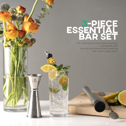 Homestia 3-Pcs Silver Muddler & Mixing Tool Set, 10'' Muddler, 12'' Cocktail Spoon & 1 OZ/2 OZ Double Jigger, Bar Tool Set for Beverages Drinks, Stainless Steel Bar Set Housewarming Gift